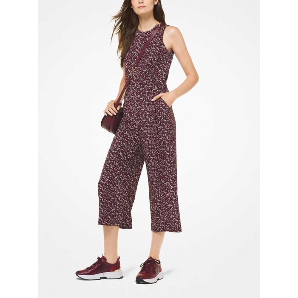 MICHAEL Michael Kors Floral Crepe Belted Jumpsuit in Burgundy Size 10